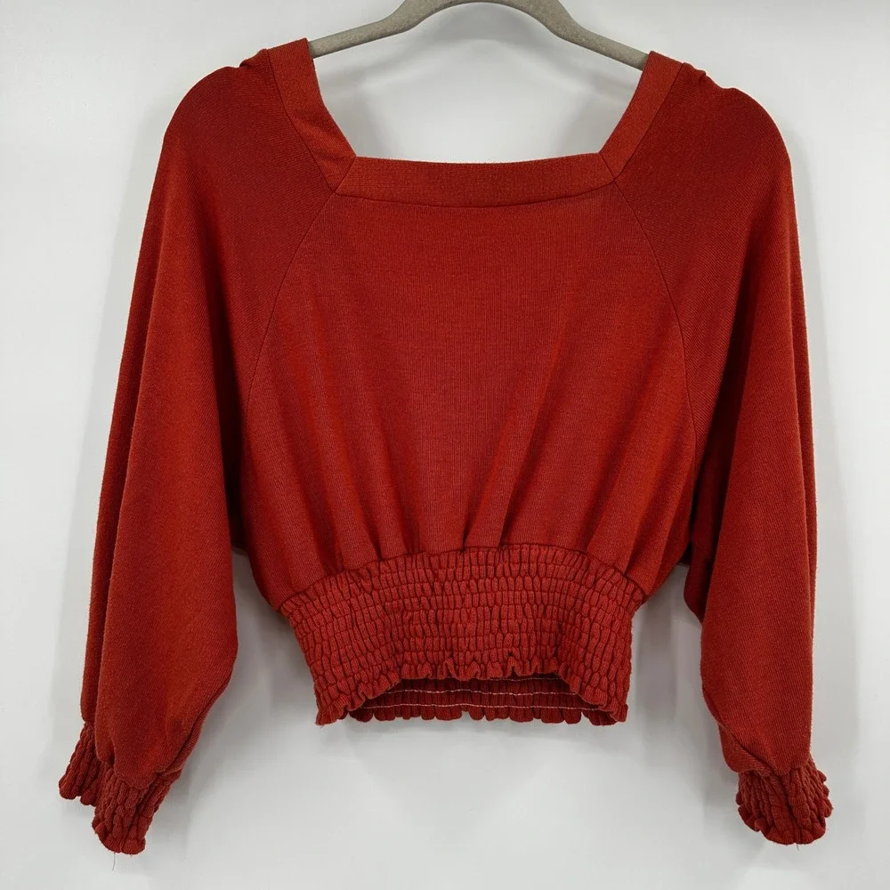 Free People Smocked Balloon Sleeve Square Neck Crop Top Rust Orange XS Earthy